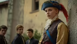 a young woman dressed in period dress with other men