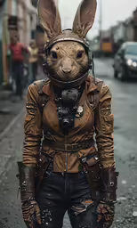a rabbit in a leather outfit is shown from the waist up