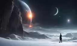 man looking at two planets in the sky