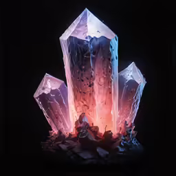 two glowing rocks, some made of crystals, are in the dark