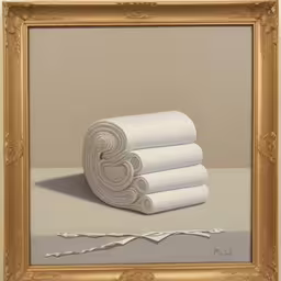 a painting that appears to have rolled up paper,some very big rolls of something that is on the ground