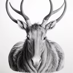 an antelope is standing in the snow in a black and white photo