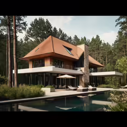 a large house near a lake surrounded by trees
