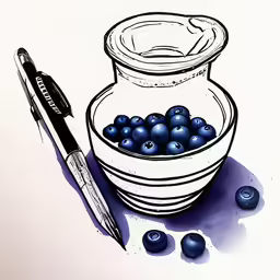 blueberries in a glass jar and a pen, with some drops