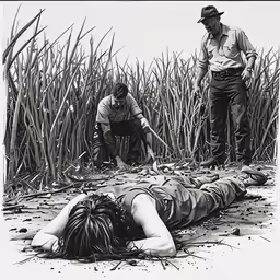 a man leaning over to grab a dead woman