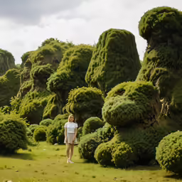 a young woman walking by an assortment of trimmed bushes