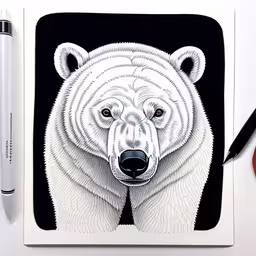 a white bear with its eyes closed sitting next to a pen,drawing of polar bear with marker pen,a picture with an image of a polar bear drawn on it,a white bear is seen in this illustration,a drawing of a polar bear on a black and white background
