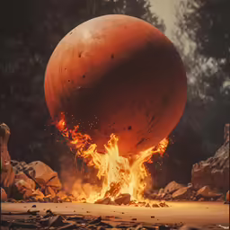 a giant orange ball on fire with lots of small rocks around it