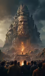 a large group of people and a giant monster