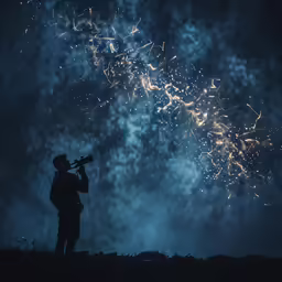 someone standing in front of the sky with a telescope