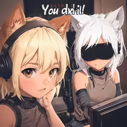 anime characters are wearing cat ears and sitting in front of laptop computers