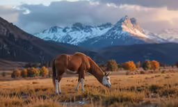 a horse in the foreground stands eating grass in front of mountains