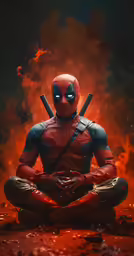 deadpool is doing yoga with two ninja swords