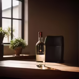 bottle of wine sitting on top of a wooden table