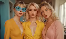 three beautiful women pose in yellow dresses and blue sunglasses