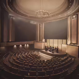 an auditorium with chairs and lighting as well as a speaker