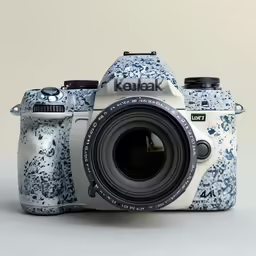 the camera is white with blue designs on it
