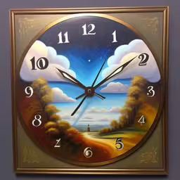 a painting of a clock on the wall next to some walls,a painting of a landscape is on the clock face