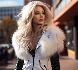 woman in white and black leather dress with fur collar,a woman that has a white jacket on