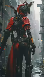 a female character in heavy armor stands on the street