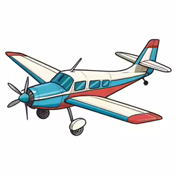 the small plane with red and blue stripes flying