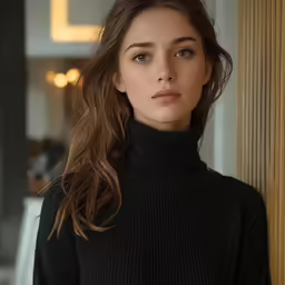 a woman in black is posing by the doorway