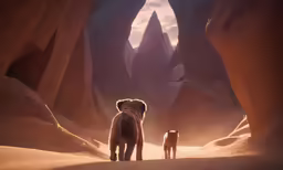 two dogs walk around in the sand near an ice age mountain