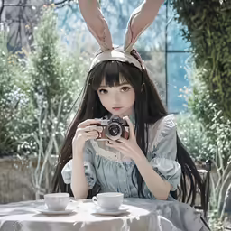 a woman is taking a picture of herself wearing bunny ears