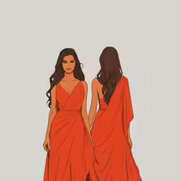 two women in dresses walk down the runway