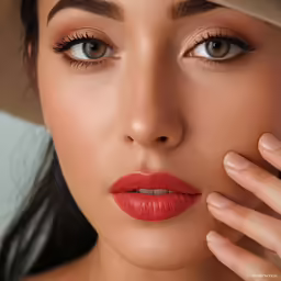 woman with long lashes and bright orange lip polish
