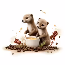 two little adorable meerkats sit above coffee