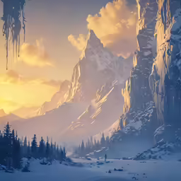 a digital painting of a snowy mountain scene