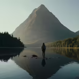 a person stands in front of a mountain overlooking the water