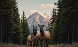two deer standing near the base of a mountain