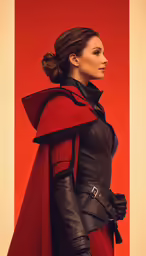 a beautiful young lady dressed in red and black