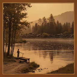 a man standing next to the water near trees,a man is standing on the shore by the river with his boat
