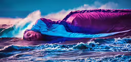 a person covered in a sheet is swimming by the ocean waves,the person is laying in the ocean while the wave crashes on her