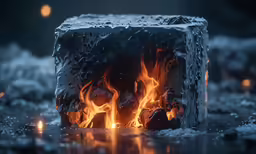 a cube fire burning in a fireplace with lots of ice