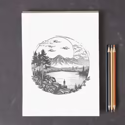 a drawing of the landscape of a lake and mountains