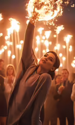 woman with her arms raised up holding a fireworks effect