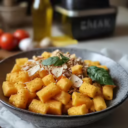 a grey bowl filled with cut up food