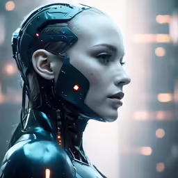 a futuristic woman with an eye patch looks to the side