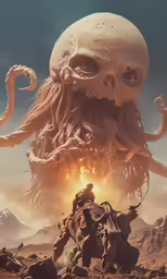 an octopus is standing next to a huge creature
