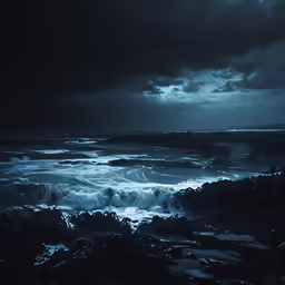 a stormy ocean at night with clouds overhead
