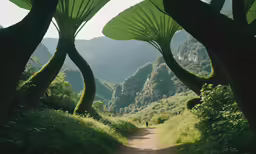 a dirt trail near large trees and mountains