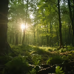 the sun shining through trees in the woods