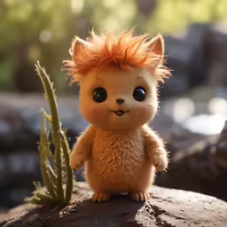 a cute teddy bear with orange hair standing next to a small cactus