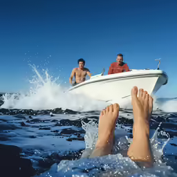 two men are riding on a motorboat over the water