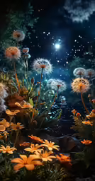 flowers in the grass on a dark night with a full moon
