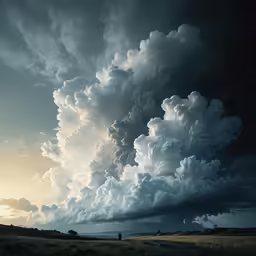a large cloud hanging over a dry grass field